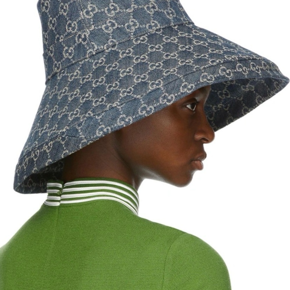 Denim Monogram Bucket Hat Wide Large Brim Jacquard Navy Blue Sun Beach - Picture 6 of 15